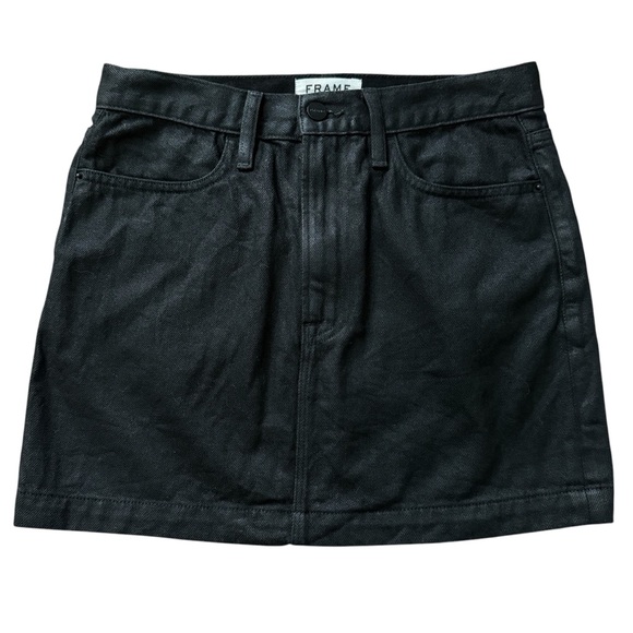 Frame Le Mini Denim A-line Noir Coated Black Skirt Size 25 - Picture 3 of 10